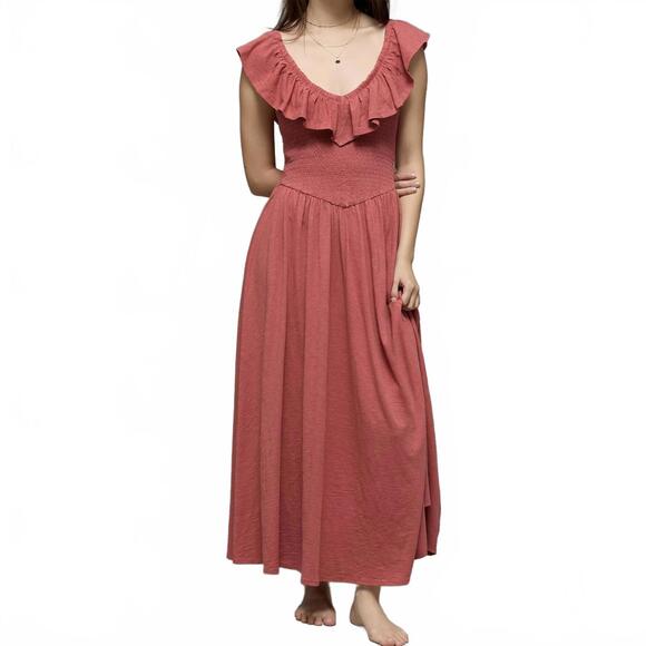 AE 100% Cotton Sunchaser Knit Drop Waist Midi Dress American Eagle Pink NWT XL - Picture 1 of 7